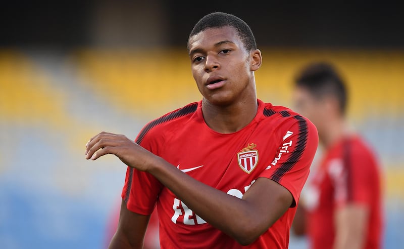 Monaco's French forward Kylian Mbappe takes part in a training session at the Grand Stade in Tangiers on July 28. Franck Fife / AFP