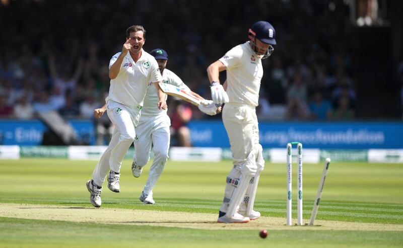 LONDON, ENGLAND - JULY 24: Jonathan Bairstow of England isbowled by Tim Murtagh of Ireland during day one of the Specsavers Test Match between England and Ireland at Lord's Cricket Ground on July 24, 2019 in London, England. (Photo by Gareth Copley/Getty Images)
