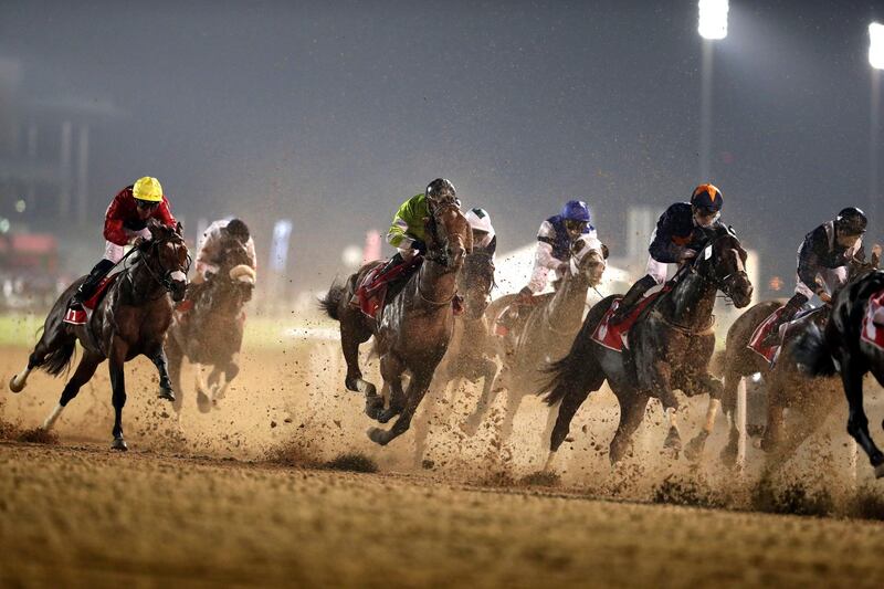 Dubai, United Arab Emirates - October 24, 2019: Runners in the Arabian Adventures race on the opening meeting of the new season. Thursday the 24th of October 2019. Meydan Racecourse, Dubai. Chris Whiteoak / The National