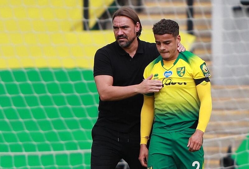Norwich manager Daniel Farke consoles Josh Martin after their 4-0 defeat to West Ham at Carrow Road, on Saturday, November 11. The result meant Norwich were relegated from the Premier League. EPA