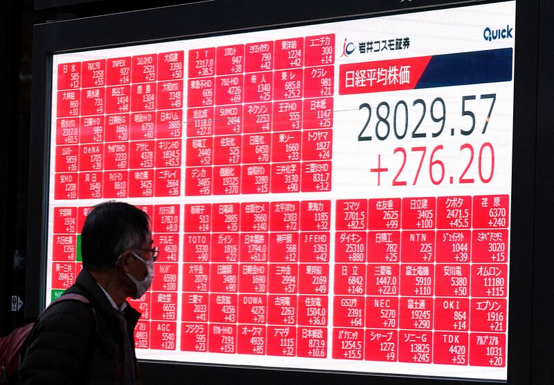 A pedestrian walks past an electronic quotation board displaying the closing share prices of the Tokyo Stock Exchange on Friday in Tokyo. AFP
