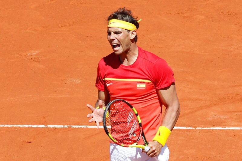 Spain's Rafael Nadal reacts during his match against Germany's Alexander Zverev during a World Group Quarter final Davis Cup tennis match between Spain and Germany at the bullring in Valencia, Spain, Sunday April 8, 2018. (AP Photo/Alberto Saiz)