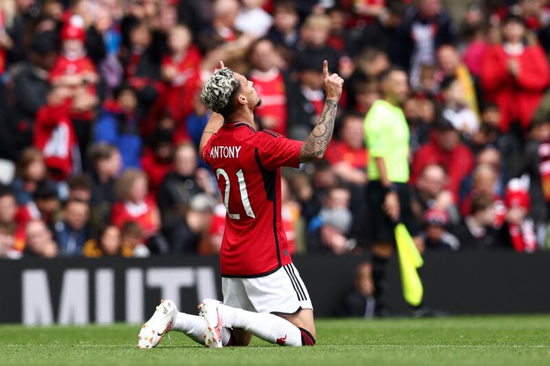 Manchester United's Antony celebrates scoring the second goal. AFP