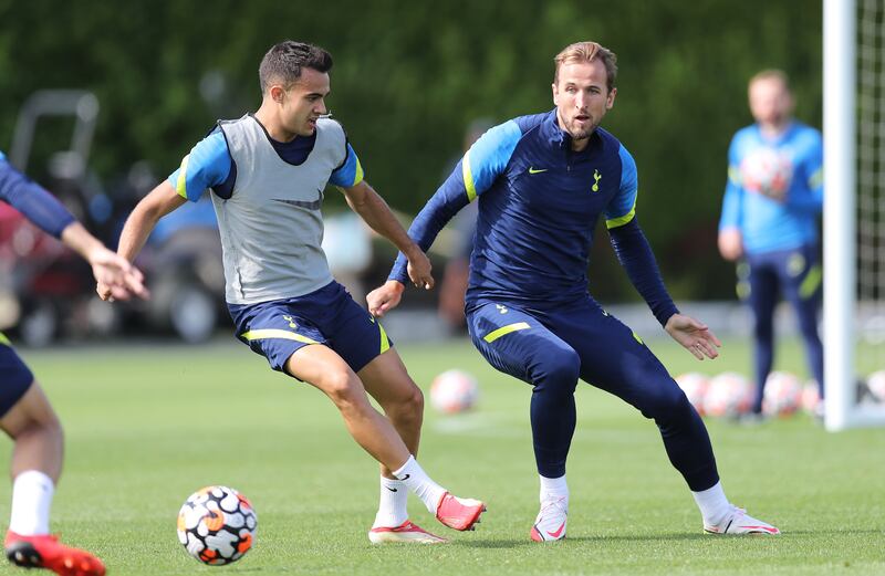 Sergio Reguilon and Harry Kane during the Tottenham Hotspur training session. Getty