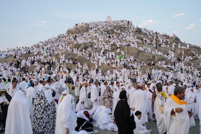 Muslim pilgrims gather at the top of the rocky hill known as the Mountain of Mercy, on the Plain of Arafat, during the annual Hajj pilgrimage, near the holy city of Makkah. AP