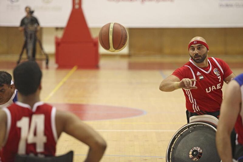 The UAE's men's wheelchair basketball team in action against Jordan at Al Ahli Sports Club in Dubai. Lee Hoagland / The National