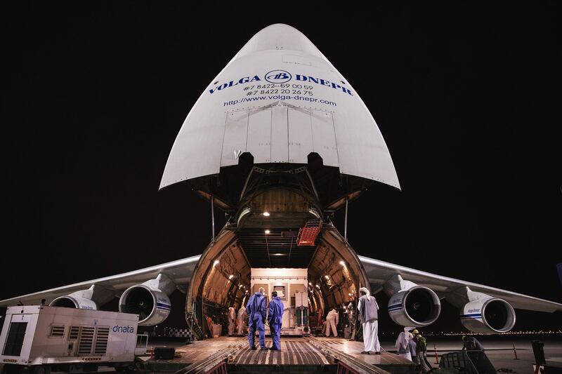 The Hope spacecraft was delivered to Japan on board the world's largest cargo plane in April. The overall journey from Dubai to the Tanegashima Space Centre took 83 hours. Courtesy: MBRSC