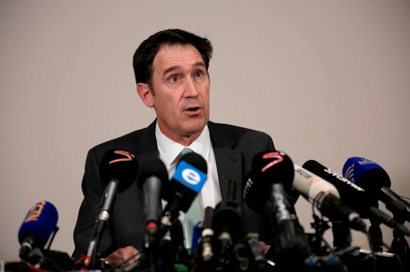 James Sutherland, CEO of Cricket Australia, speaks to the media after the team was caught cheating in the Sunfoil Test Series between between Australia and South Africa on March 27, 2018.   / AFP PHOTO / GULSHAN KHAN