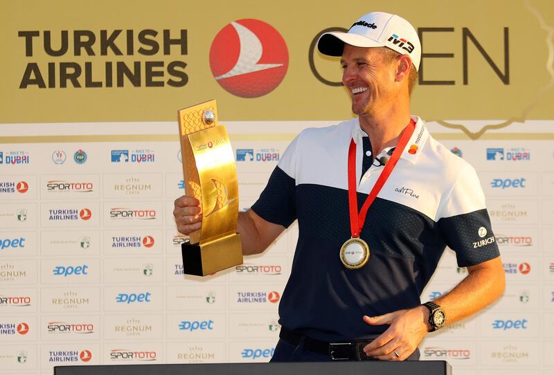 ANTALYA, TURKEY - NOVEMBER 04:  Justin Rose of England poses with the Trophy after he wins the final round during Day Four of the Turkish Airlines Open at Regnum Carya Golf & Spa Resort on November 4, 2018 in Antalya, Turkey.  (Photo by Warren Little/Getty Images)