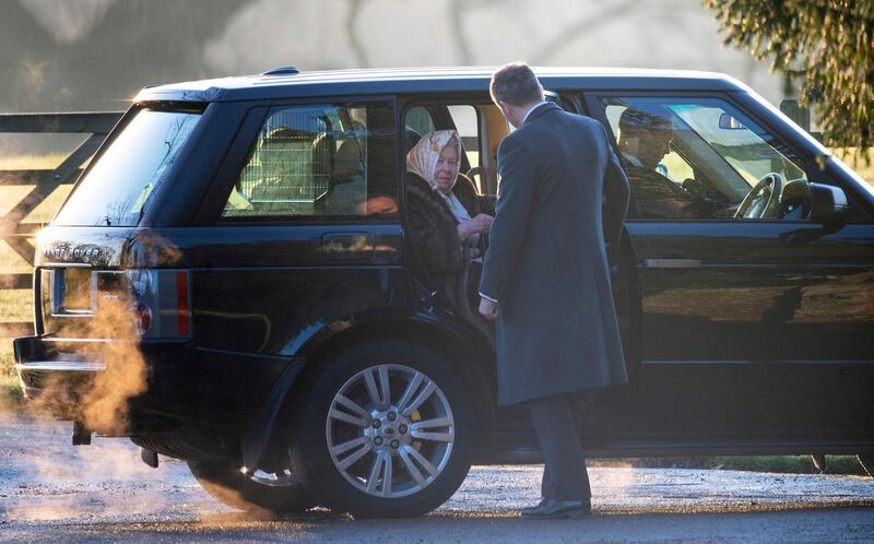 Britain's Queen Elizabeth II arrives to attend a church service at St Mary Magdalene Church in Sandringham, Norfolk. AP