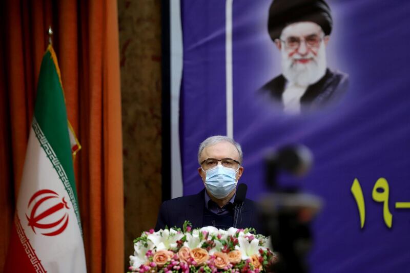 Saeed Namaki, Iran's Health minister, speaks at the COVID-19 vaccination commencement ceremony at Imam Khomeini Hospital, in Tehran, Iran February 9, 2021. Majid Asgaripour/WANA (West Asia News Agency) via REUTERS ATTENTION EDITORS - THIS IMAGE HAS BEEN SUPPLIED BY A THIRD PARTY.