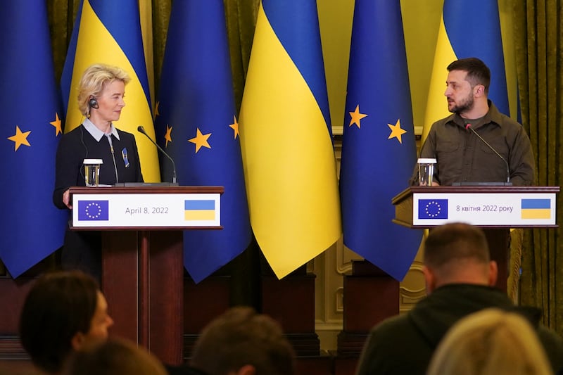 European Commission President Ursula and Ukrainian President Volodymyr Zelenskyy attend a news conference in Kyiv. Reuters