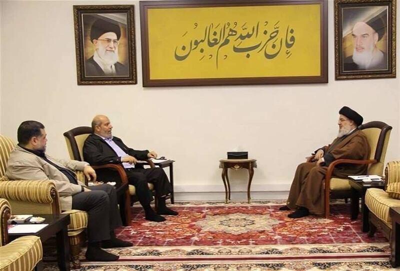 Hezbollah leader Hassan Nasrallah, right, met with Hamas's Khalil Al Hayya and Osama Hamdan. @MonitorX / X