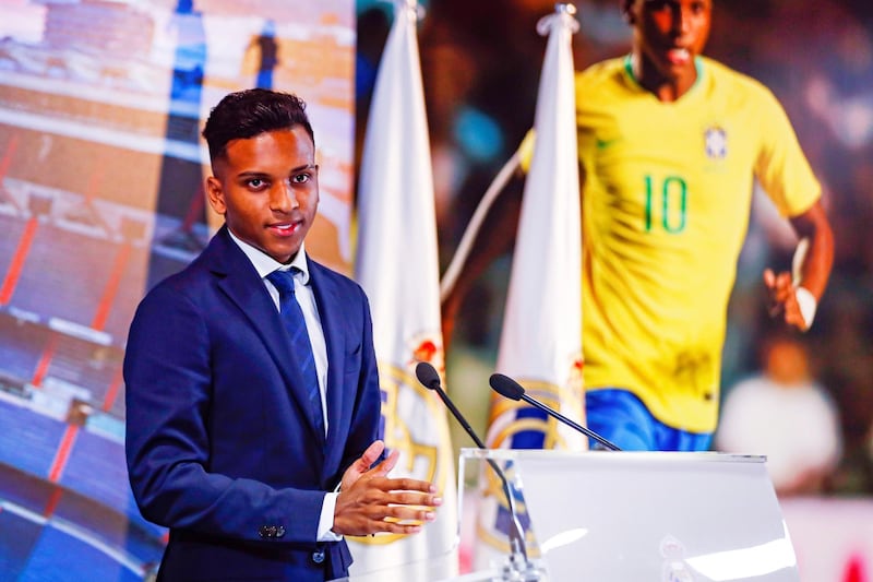 Rodrygo speaks to the media following his unveiling at Real Madrid. EPA