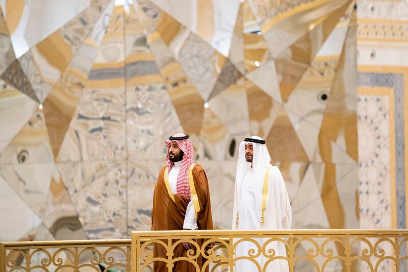 Mohammed bin Salman arrives at Qasr Al Watan in Abu Dhabi, where he is accorded an official reception. From MBZ's twitter