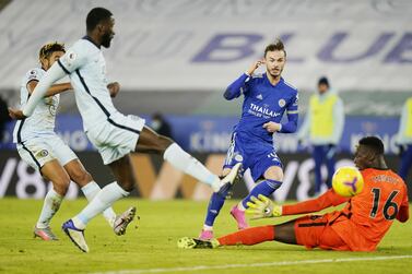 epa08950239 Leicester City's James Maddison (C) scores the 2-0 goal during the English Premier League soccer match between Leicester City and Chelsea FC in Leicester, Britain, 19 January 2021. EPA/Tim Keeton / POOL EDITORIAL USE ONLY. No use with unauthorized audio, video, data, fixture lists, club/league logos or 'live' services. Online in-match use limited to 120 images, no video emulation. No use in betting, games or single club/league/player publications.