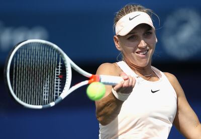 DUBAI, UNITED ARAB EMIRATES - FEBRUARY 19:  Elena Vesnina of Russia plays a forehand in her match against Shuai Peng of China during day one of the WTA Dubai Duty Free Tennis Championship at the Dubai Tennis Stadium on February 19, 2018 in Dubai, United Arab Emirates.  (Photo by Francois Nel/Getty Images)