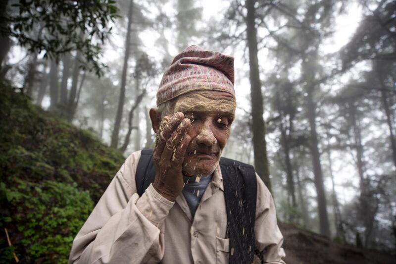 An elderly pilgrim ritually applies corn flour in his face while trekking. Narendra Shrestha/EPA
