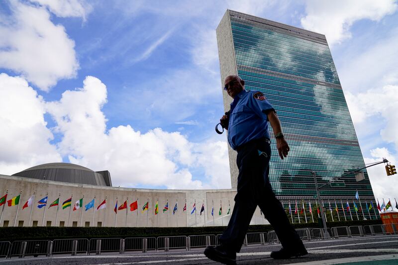 A member of the New York City Fire Department outside the UN headquarters. AP Photo