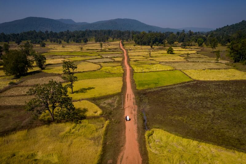 A motorbike ambulance, a two-wheeler with a sidecar, on its way to a pregnant woman in the remote village of Kodoli, in India's Chhattisgarh state.  AP Photo