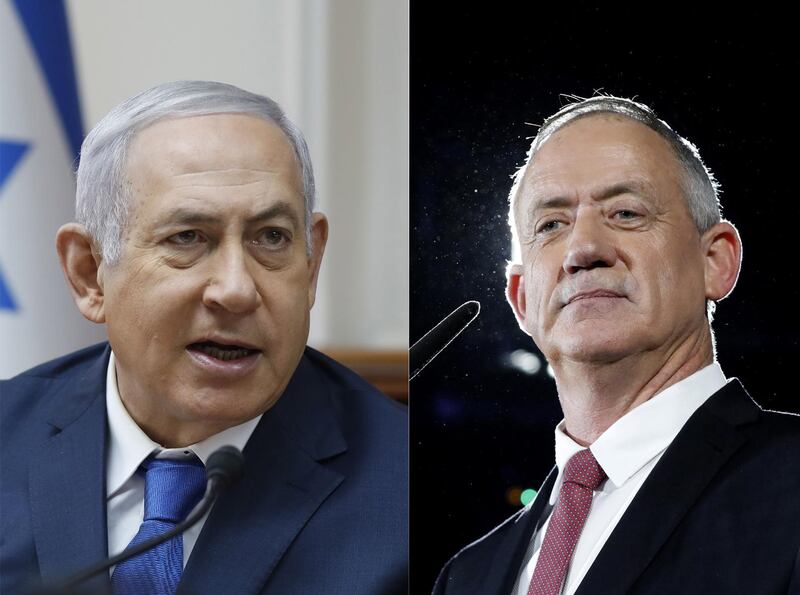 epa07489854 (FILE) - A combo photo shows Benjamin Netanyahu (L) attends the weekly cabinet meeting at his office in Jerusalem, 16 December 2018, (issued 07 April 2019) and   Benny Gantz, former Israeli army chief of staff and candidate for prime minister of the Blue and White Israeli centrist political party speaking during an election campaign in Tel Aviv, Israel, 19 February 2019 (issued 07 April 2019). According to media reports polls  predicting a tight result between Netanyahu and Gantz. Israel will go to the polls on 09 April 2019.  EPA/ABIR SULTAN