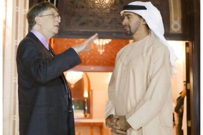General Sheikh Mohamed bin Zayed Al Nahyan Crown Prince of Abu Dhabi Deputy Supreme Commander of the UAE Armed Forces receives (left) Bill Gates Chairman of Microsoft at Al Bateen Palace in Abu Dhabi.