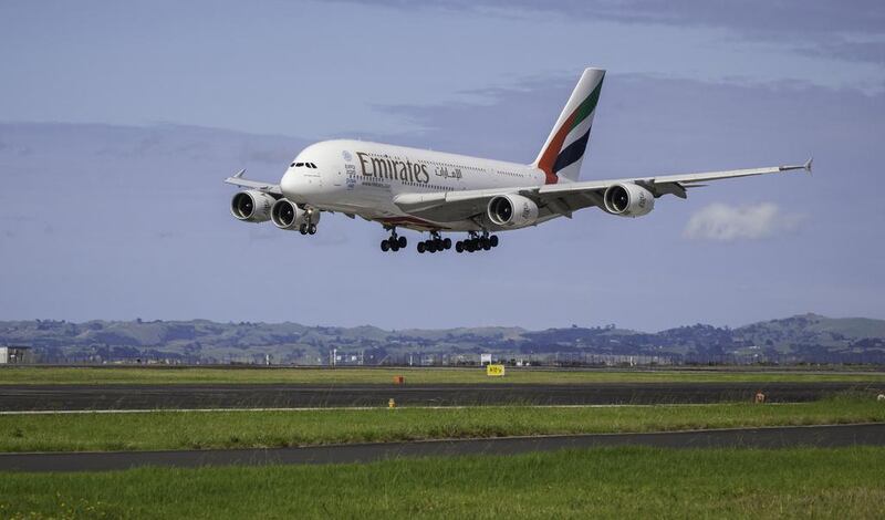 An Emirates Airbus A380 touching down in Auckland. The airline will use one of its Airbus superjumbos on its daily Johannesburg routes from next year. Courtesy Emirates

