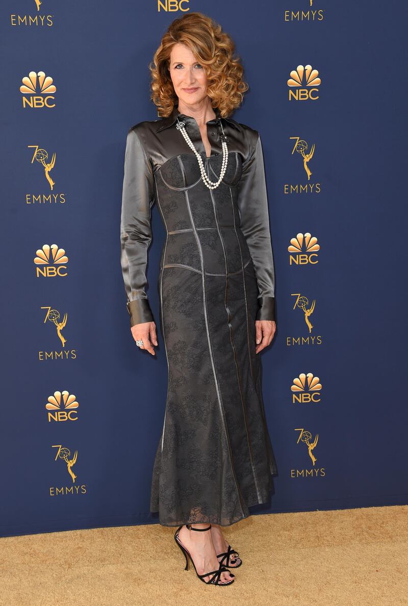 Laura Dern goes full retro in Thom Browne. Photo / AP