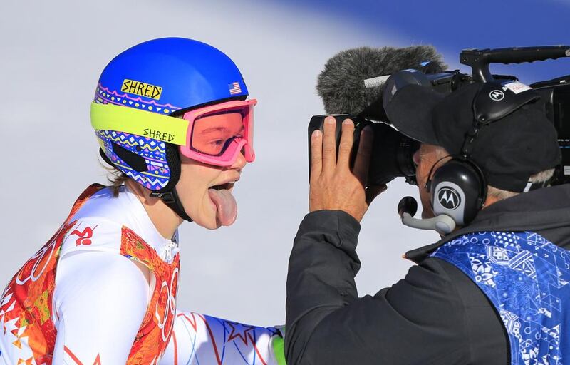 US skier Laurenne Ross reacts after the women's alpine skiing downhill at the Rosa Khutor Alpine Center on Wednesday. Alexander Klein / AFP