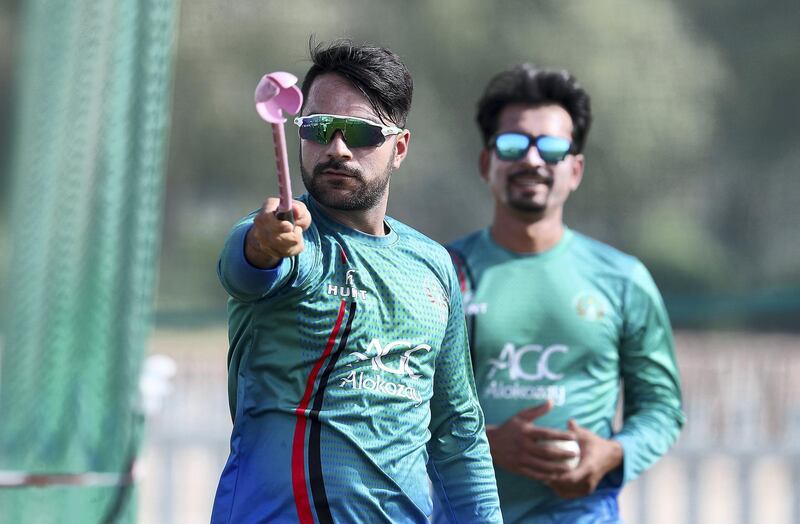 ABU DHABI , UNITED ARAB EMIRATES, September 6 – 2018 :- Rashid Khan using sidearm during the training of Afghanistan Cricket team ahead of the Asia Cup held at Zayed Cricket Academy in Abu Dhabi. ( Pawan Singh / The National )  For Sports.  Story by Amith Passela
