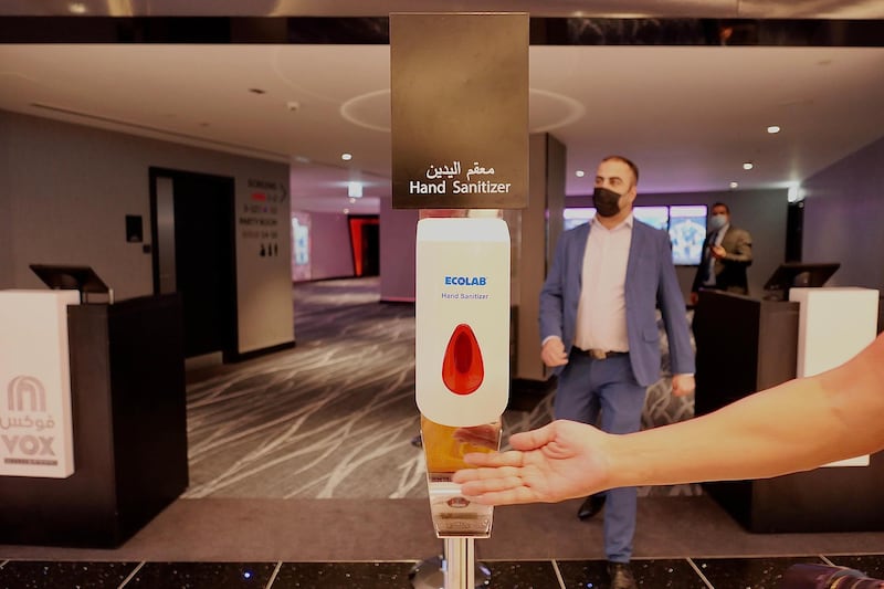 SHARJAH, UNITED ARAB EMIRATES , March 15, 2021 – Hand sanitizer placed at the newly opened Al Zahia City Centre in Sharjah. (Pawan Singh / The National) For LifeStyle/Online/Instagram. Story by Janice Rodrigues