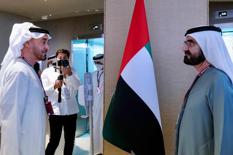 Sheikh Mohammed bin Rashid, Vice President and Rule of Dubai, and Sheikh Mohamed bin Zayed, Crown Prince of Abu Dhabi and Deputy Supreme Commander of the Armed Forces, at Yas Marina Circuit on Sunday. Photo: Dubai Media Office