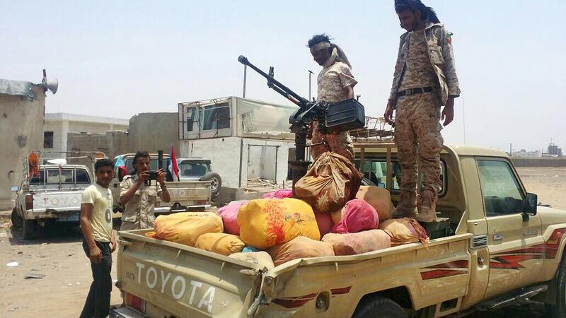 A military vehicle loaded with seized qat at the entrance to Aden. Mohmmed Al Qalisi for The National / June 8, 2016