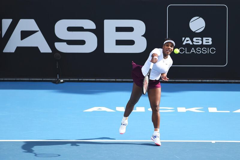 Serena Williams serves during her first round match against Camila Giorgi on Day Two of the 2020 Auckland Classic. AP