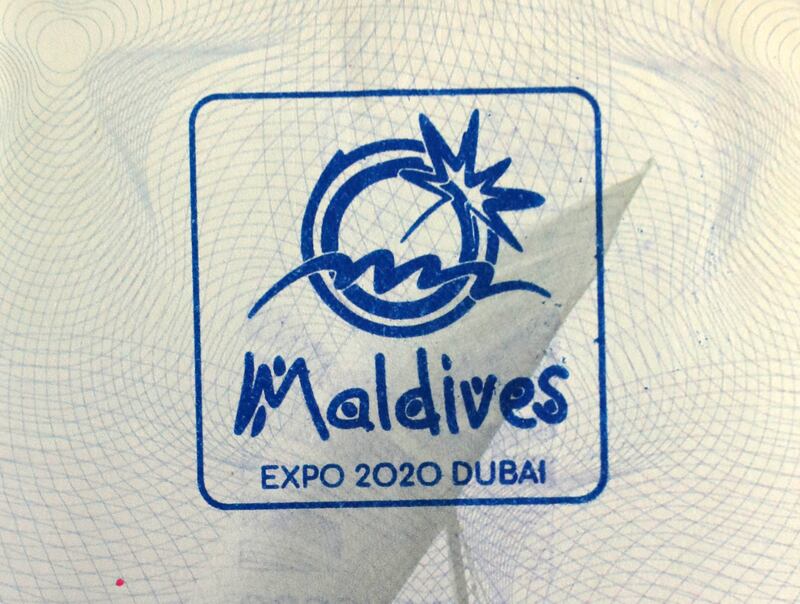 Passport stamp for the pavilion of Maldives.