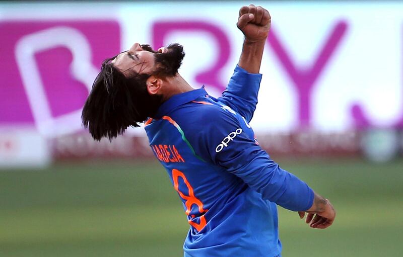 India's Ravindra Jadeja celebrates the dismissal of Bangladesh's Mohammad Mithun during the one day international cricket match of Asia Cup between India and Bangladesh in Dubai, United Arab Emirates, Friday, Sept. 21, 2018. (AP Photo/Aijaz Rahi)