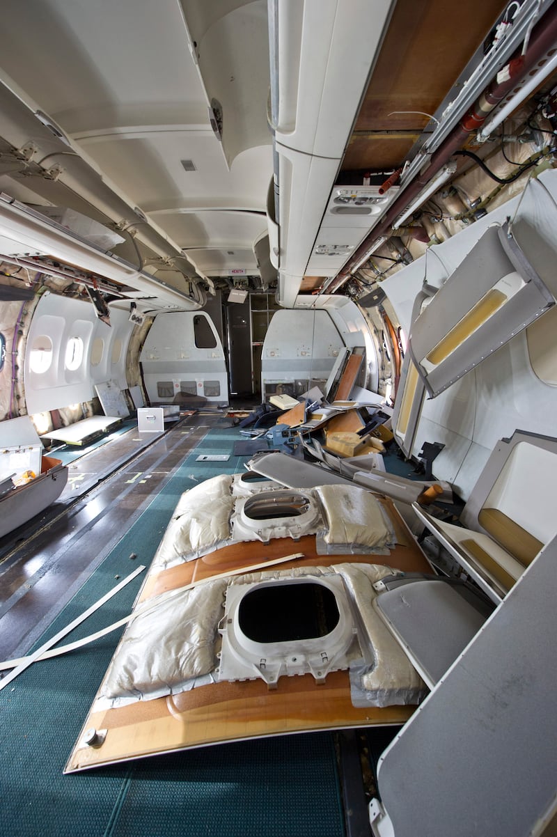 The stripped interior of an old plane at Tarmac Aerosave's recycling yard. Reuters