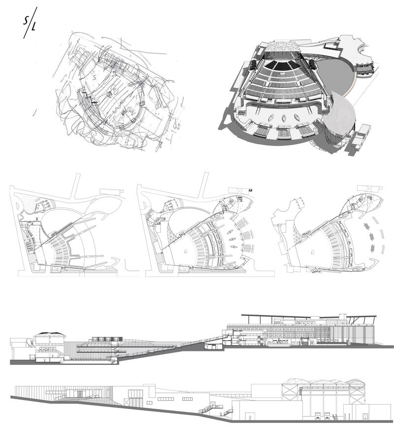 Top left is Marwan Lockman's initial sketch of Al Dana Amphitheatre. The other drawings show more detailed designs of the concert hall