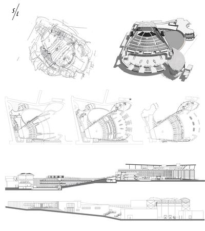 Marwan Lockman's initial sketch of Al Dana Amphitheatre, top left, and more detailed designs of the concert hall. Photo: S/L Architects 
