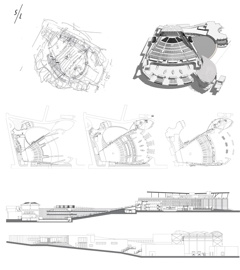 Top left is Marwan Lockman's initial sketch of Al Dana Amphitheatre. The other drawings show more detailed designs of the concert hall