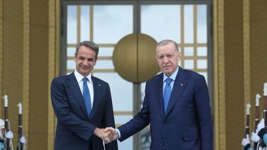 Turkey's President Recep Tayyip Erdogan meets Greek Prime Minister Kyriakos Mitsotakis at the Presidential Palace in Ankara, Turkey. Reuters
