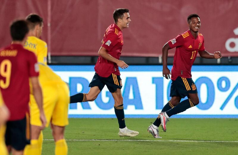 Ansu Fati celebrates after scoring Spain's third goal against Ukraine in the Uefa Nations League. AP Photo