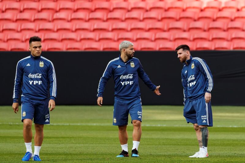 Argentina players Lautaro MartÃ­nez, Sergio Aguero and Lionel Messi (R) participate in a training session at the Beira Rio stadium. EPA