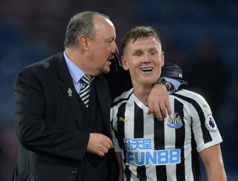 Soccer Football - Premier League - Burnley v Newcastle United - Turf Moor, Burnley, Britain - November 26, 2018  Newcastle United manager Rafael Benitez and Matt Ritchie celebrate after the match                REUTERS/Peter Powell  EDITORIAL USE ONLY. No use with unauthorized audio, video, data, fixture lists, club/league logos or "live" services. Online in-match use limited to 75 images, no video emulation. No use in betting, games or single club/league/player publications.  Please contact your account representative for further details.