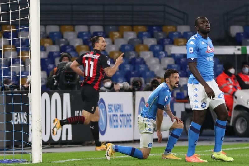 Zlatan Ibrahimovic begins his celebrations after scoring the second goal for AC Milan against Napoli. EPA