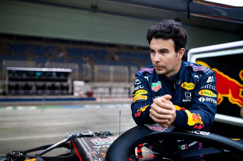 Sergio Perez of Mexico and Red Bull Racing in the garage ahead of the F1 Grand Prix of Bahrain at Bahrain International Circuit in Sakhir. Getty