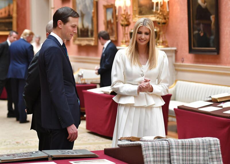 Ivanka Trump (R) and her husband Senior Advisor to the President of the United States Jared Kushner view displays of US items of the Royal Collection at Buckingham palace at Buckingham Palace in central London on June 3, 2019, on the first day of their three-day State Visit to the UK. Britain rolled out the red carpet for US President Donald Trump on June 3 as he arrived in Britain for a state visit already overshadowed by his outspoken remarks on Brexit. / AFP / MANDEL NGAN
