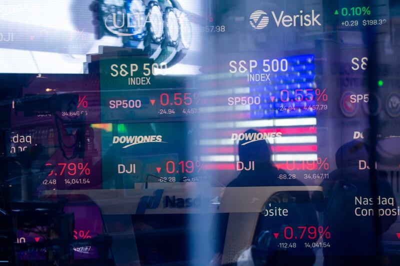 Monitors display stock market information at the Nasdaq MarketSite in New York, US, on January 21, 2022. Bloomberg