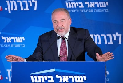 epa07849829 Avigdor Lieberman, leader of the Yisrael Beitenu party, speaks after early exit polls in the general election, during a rally with supporters in Jerusalem, Israel, 17 September 2019. Early polls gave Israeli Prime Minister Benjamin Netanyahu's Likud party and Benny Gantz's Blue and White party almost equal amount of Knesset seats in the Israeli general elections.  EPA/YONATAN SINDEL