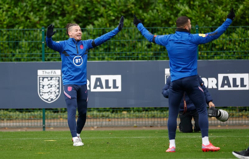 England's Kalvin Phillips and Kyle Walker train on Sunday. Reuters